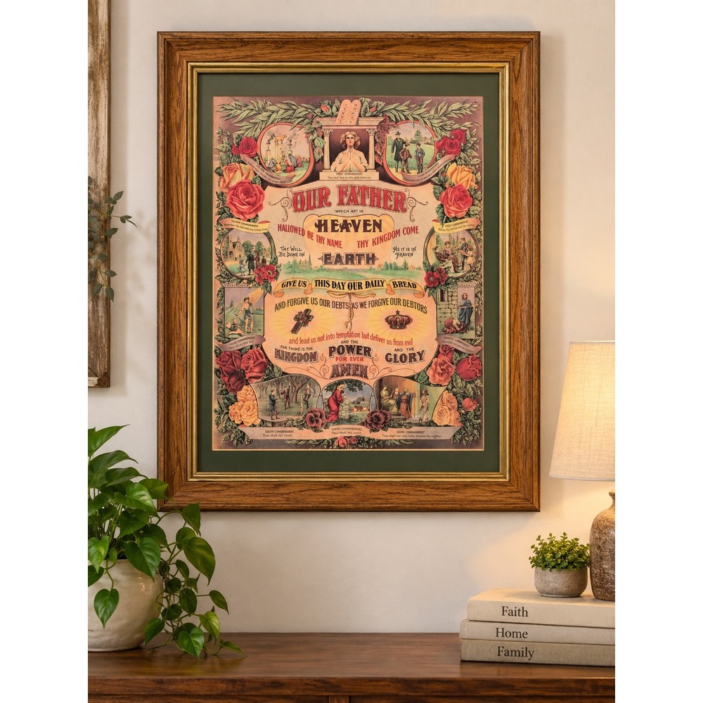 Antique 1911 James Lee Chicago Lords Prayer Ten Commandments Lithograph Framed